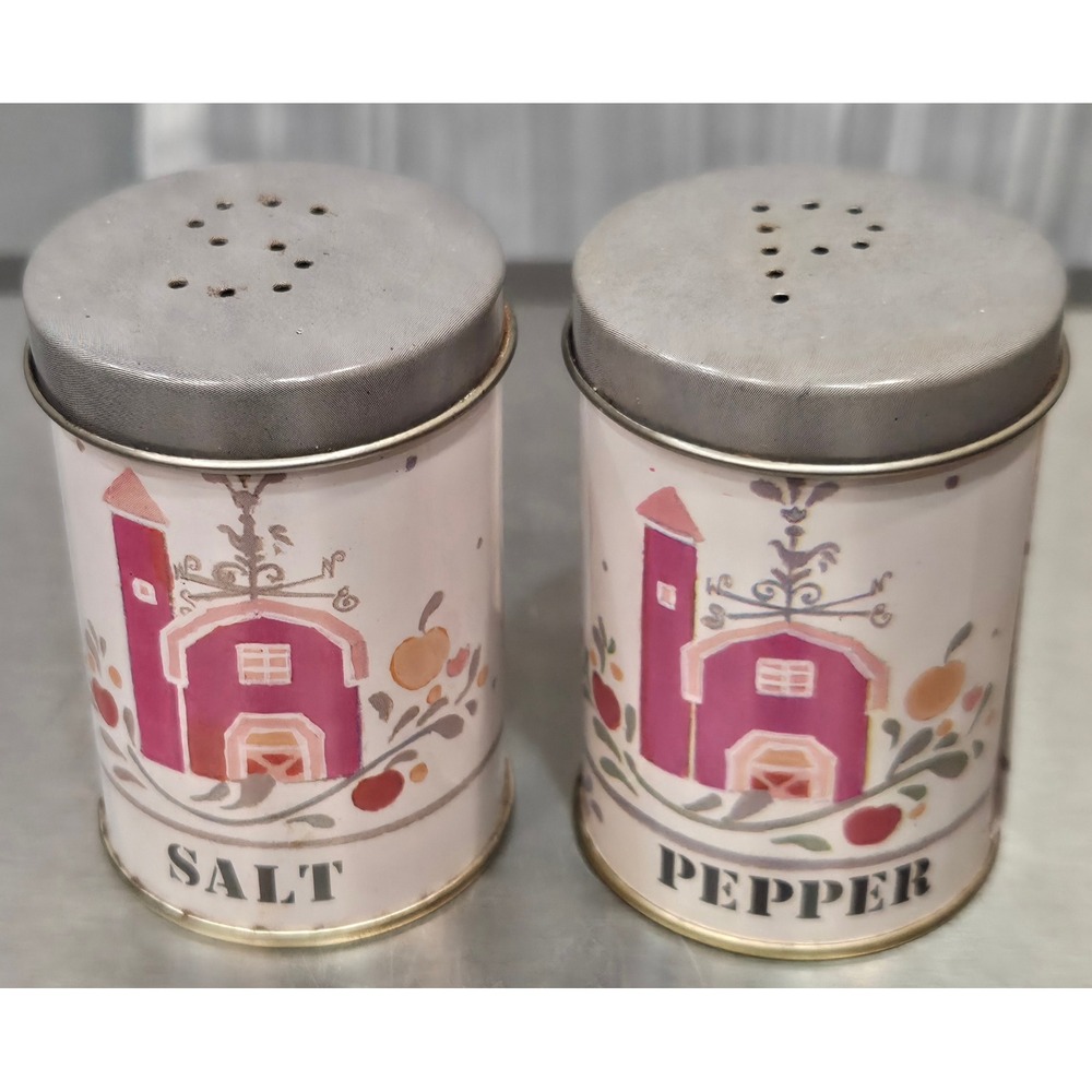 Vintage Country Barn Tin Salt and Pepper Shakers Farmhouse Kitchen Decor Set